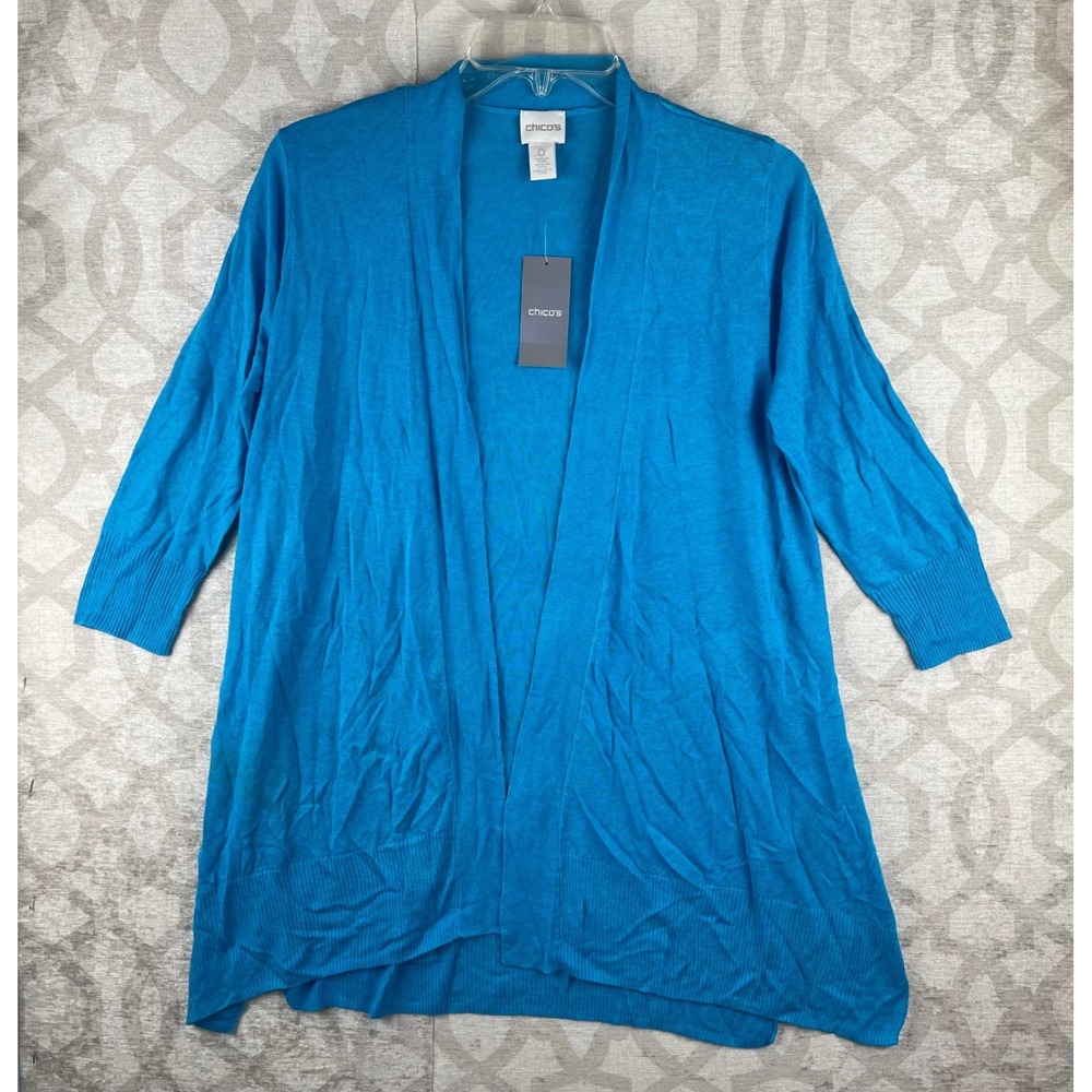 Chico's Sabrina Cardigan Women 0 Small Blue NWT 3/4 Sleeve Open Front Knit